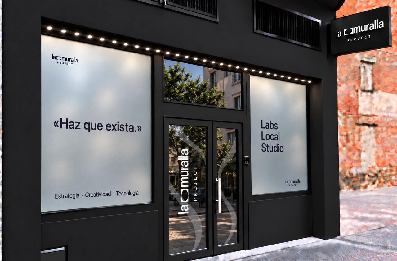 Fachada negra del estudio La Muralla Project en Talavera: escaparates con el lema «Haz que exista.» y las áreas Labs, Local y Studio, puerta con el logo y banderola.
